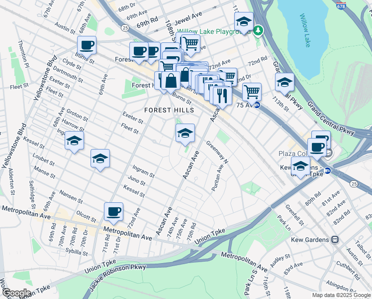map of restaurants, bars, coffee shops, grocery stores, and more near 2 Russell Place in Queens