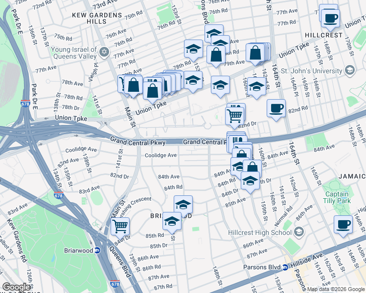 map of restaurants, bars, coffee shops, grocery stores, and more near 147-53 Grand Central Parkway in Queens