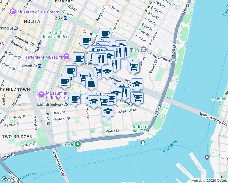 map of restaurants, bars, coffee shops, grocery stores, and more near 7 Willett Street in New York