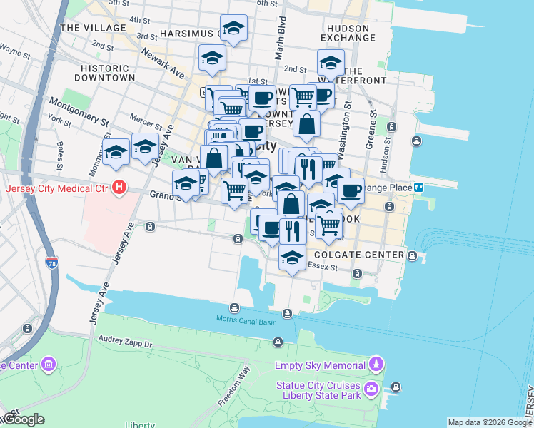 map of restaurants, bars, coffee shops, grocery stores, and more near 170 Grand Street in Jersey City