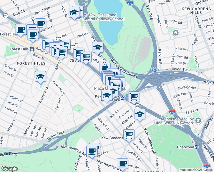 map of restaurants, bars, coffee shops, grocery stores, and more near 116-23 Queens Boulevard in Queens