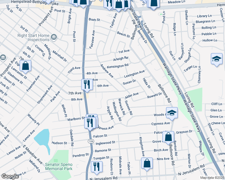 map of restaurants, bars, coffee shops, grocery stores, and more near 319 Oltmann Road in East Meadow