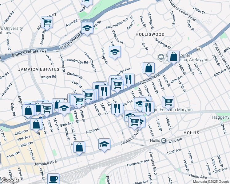 map of restaurants, bars, coffee shops, grocery stores, and more near 188-11 Hillside Avenue in Queens