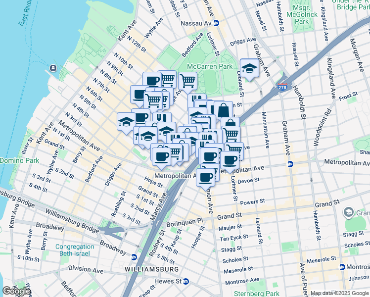 map of restaurants, bars, coffee shops, grocery stores, and more near 21-1 Havemeyer Street in Brooklyn