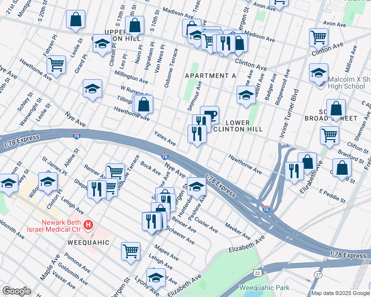 map of restaurants, bars, coffee shops, grocery stores, and more near in Newark
