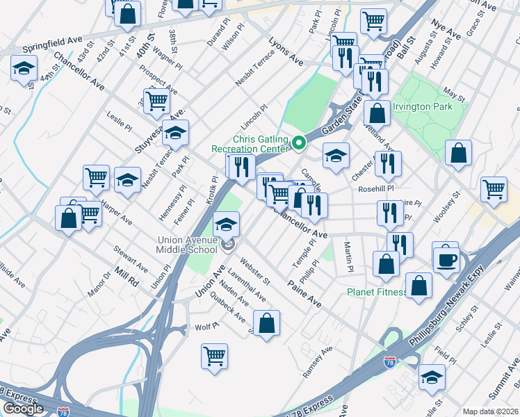 map of restaurants, bars, coffee shops, grocery stores, and more near 722 Chancellor Avenue in Irvington
