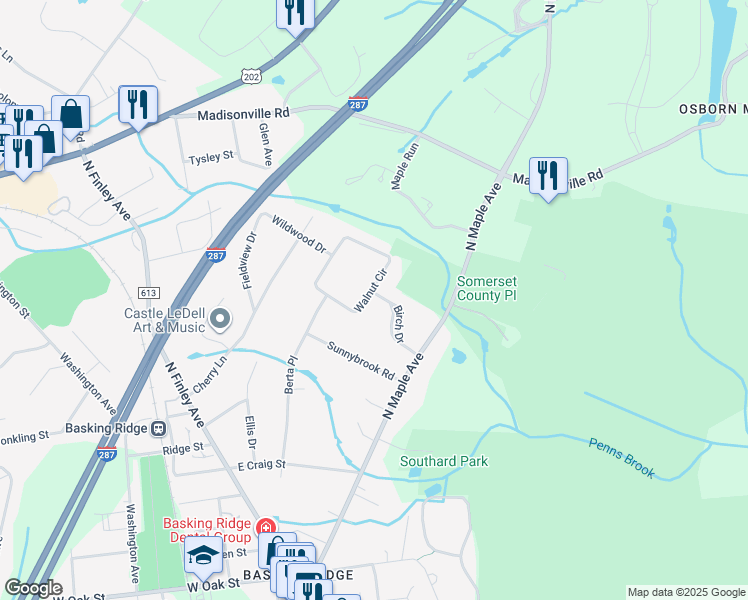 map of restaurants, bars, coffee shops, grocery stores, and more near 64 Walnut Circle in Basking Ridge