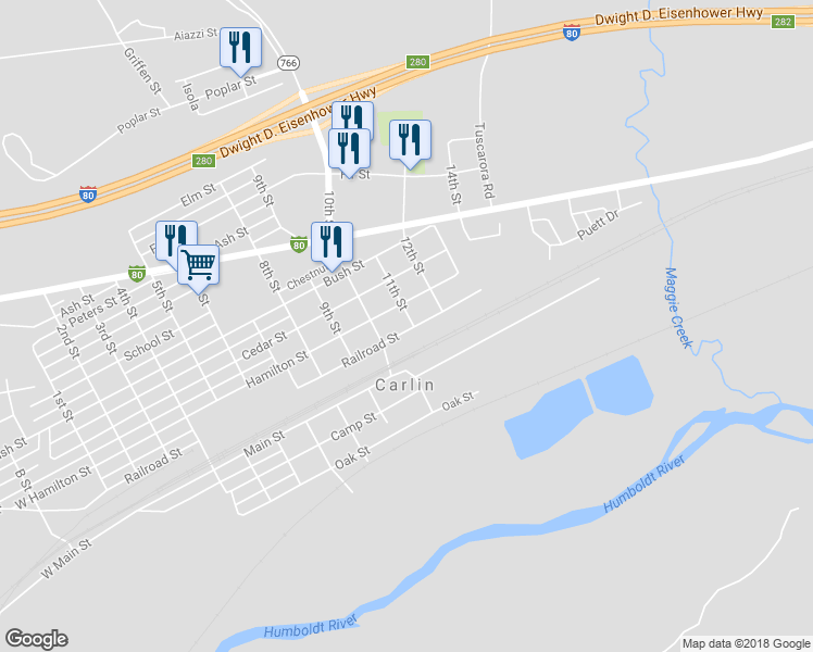 map of restaurants, bars, coffee shops, grocery stores, and more near 1022 Railroad Street in Carlin