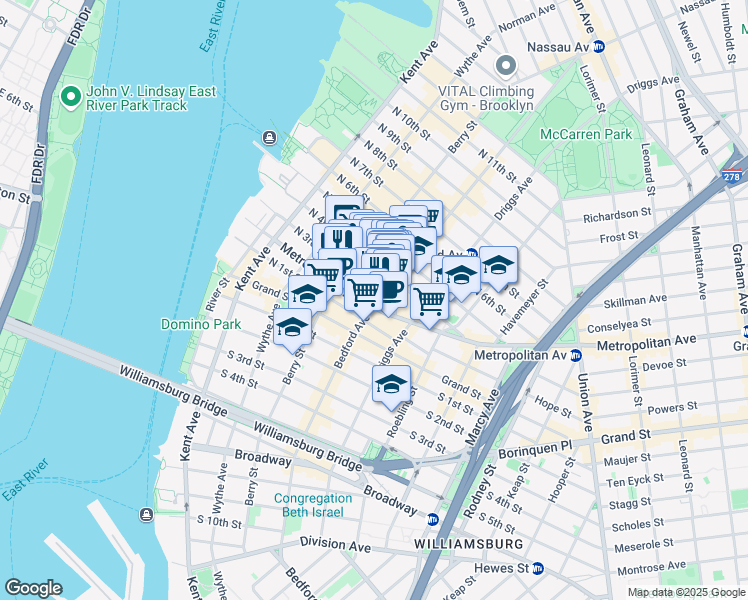 map of restaurants, bars, coffee shops, grocery stores, and more near 256 Bedford Avenue in Brooklyn