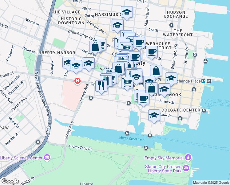 map of restaurants, bars, coffee shops, grocery stores, and more near 215 Grove Street in Jersey City