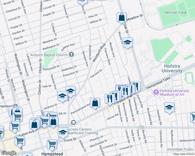 map of restaurants, bars, coffee shops, grocery stores, and more near 133 Manor Avenue in Hempstead