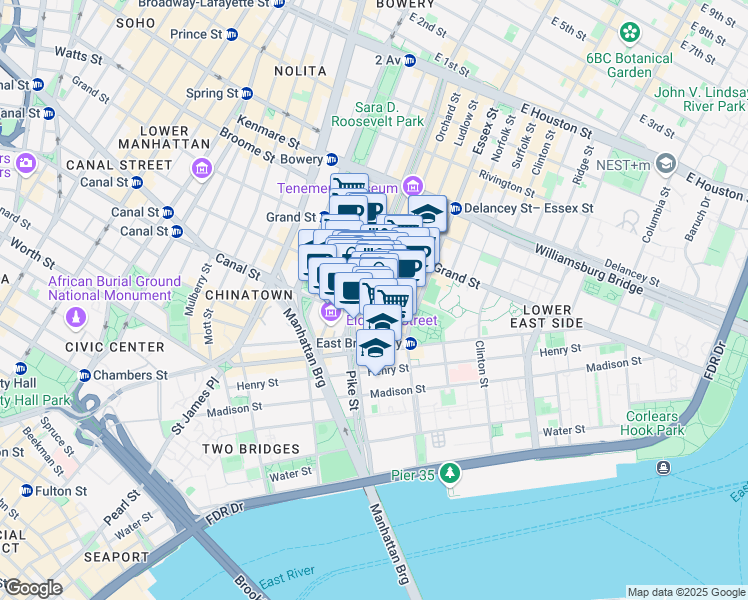 map of restaurants, bars, coffee shops, grocery stores, and more near 50-52 Eldridge Street in New York
