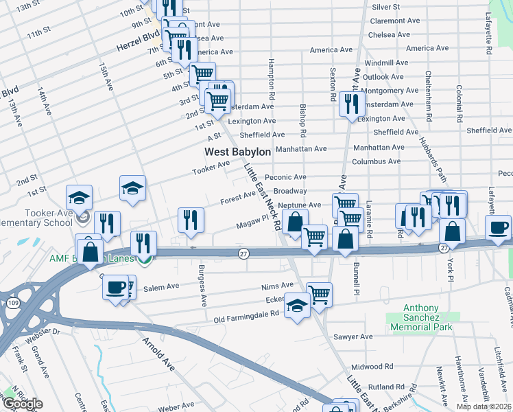 map of restaurants, bars, coffee shops, grocery stores, and more near 850 Little East Neck Road in West Babylon