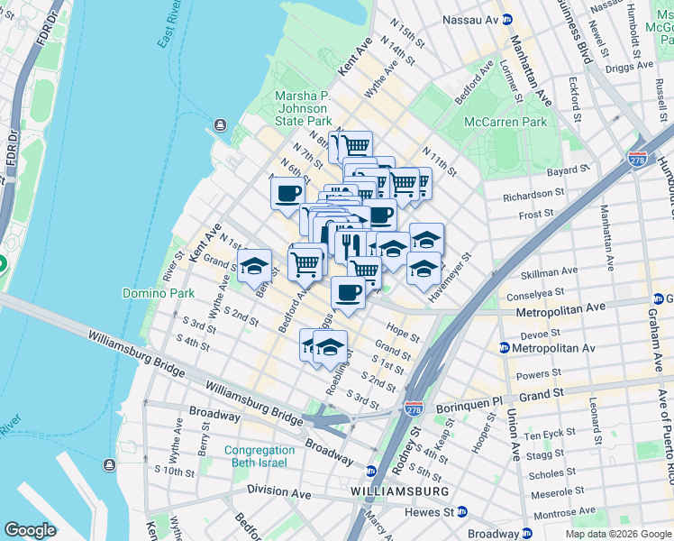 map of restaurants, bars, coffee shops, grocery stores, and more near 147 North 4th Street in Brooklyn