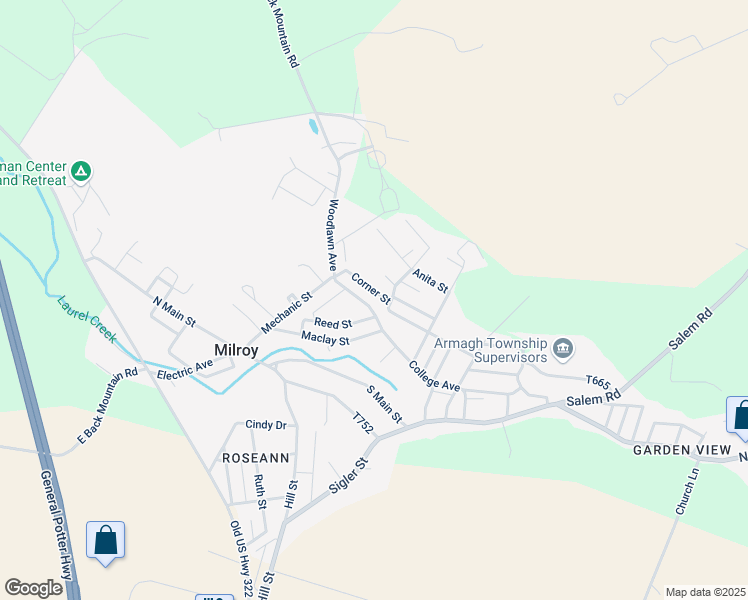 map of restaurants, bars, coffee shops, grocery stores, and more near 197 College Avenue in Milroy