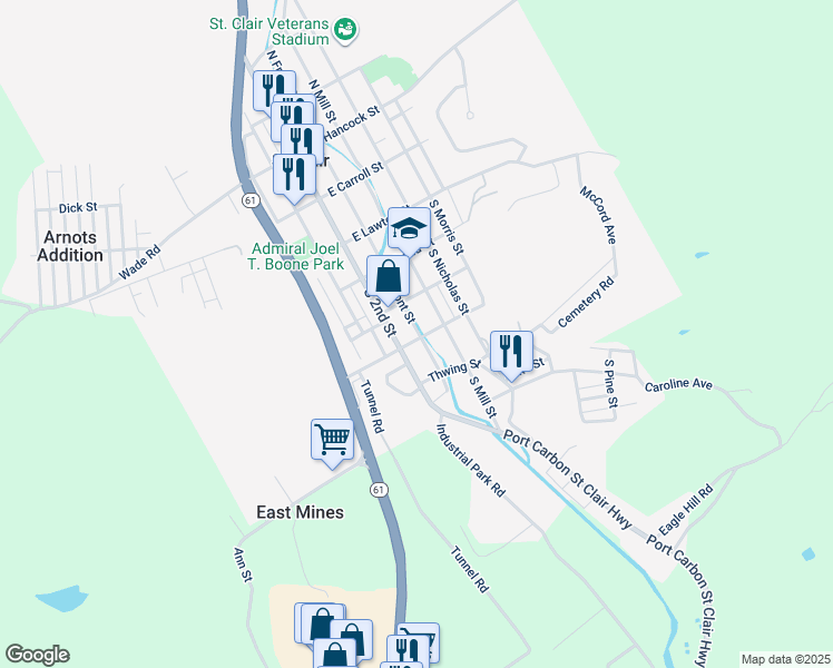map of restaurants, bars, coffee shops, grocery stores, and more near 21 East Russel Street in Saint Clair