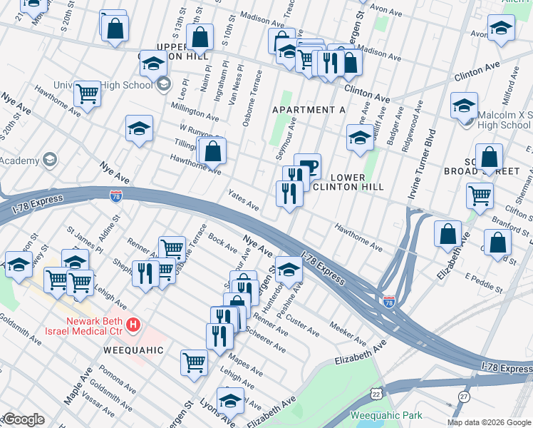 map of restaurants, bars, coffee shops, grocery stores, and more near 271 Seymour Avenue in Newark