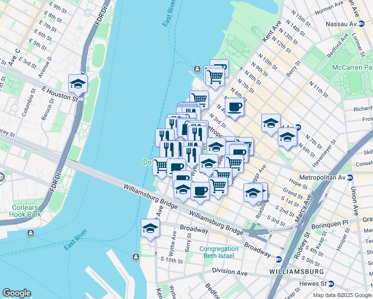 map of restaurants, bars, coffee shops, grocery stores, and more near 6 Grand Street in Brooklyn