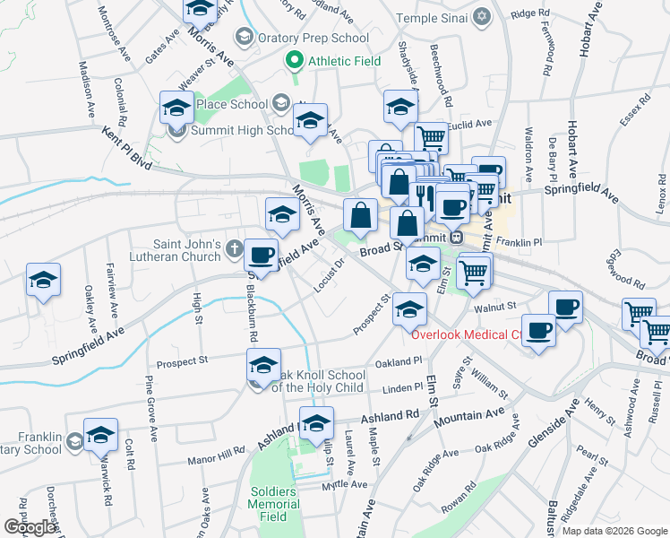 map of restaurants, bars, coffee shops, grocery stores, and more near 1 Locust Drive in Summit