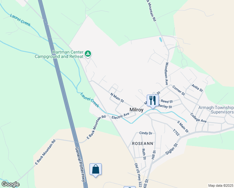 map of restaurants, bars, coffee shops, grocery stores, and more near 125 North Main Street in Milroy