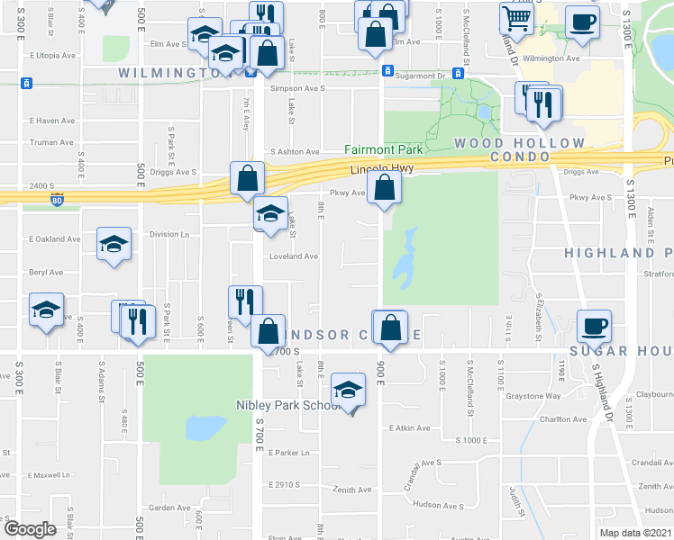 map of restaurants, bars, coffee shops, grocery stores, and more near 847 South Stratford Avenue in Salt Lake City