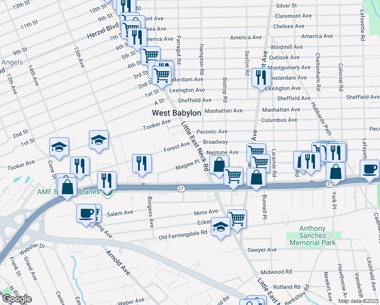 map of restaurants, bars, coffee shops, grocery stores, and more near 860 Little East Neck Road in West Babylon