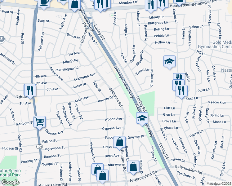 map of restaurants, bars, coffee shops, grocery stores, and more near 2782 Granz Court in East Meadow