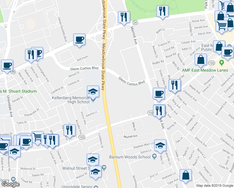 map of restaurants, bars, coffee shops, grocery stores, and more near Meadowbrook State Parkway in Uniondale
