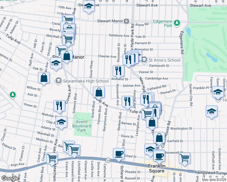 map of restaurants, bars, coffee shops, grocery stores, and more near 1131 Delmar Avenue in Franklin Square