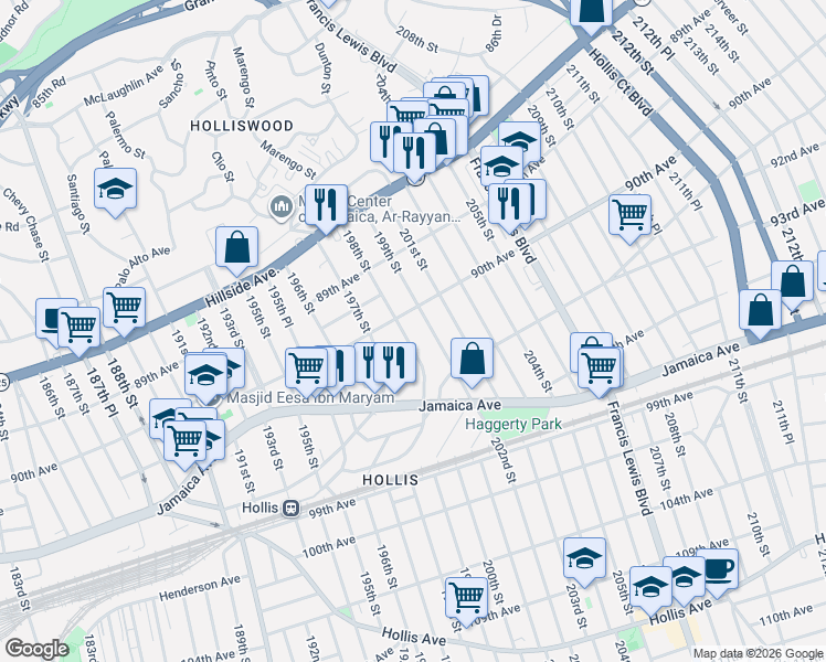 map of restaurants, bars, coffee shops, grocery stores, and more near 90-11 199th Street in Queens