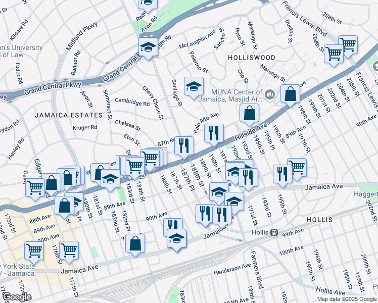 map of restaurants, bars, coffee shops, grocery stores, and more near 188-02 87th Drive in Queens