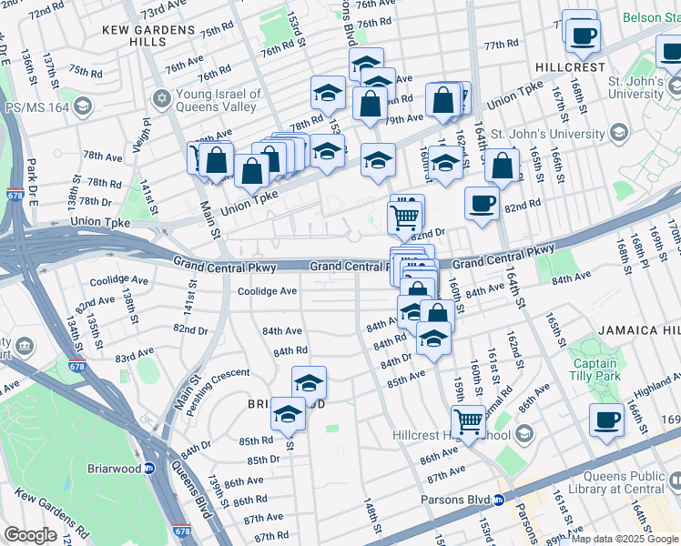 map of restaurants, bars, coffee shops, grocery stores, and more near 147-87 Grand Central Parkway in Queens