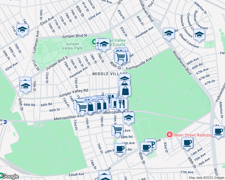 map of restaurants, bars, coffee shops, grocery stores, and more near 65-56 79th Place in Queens