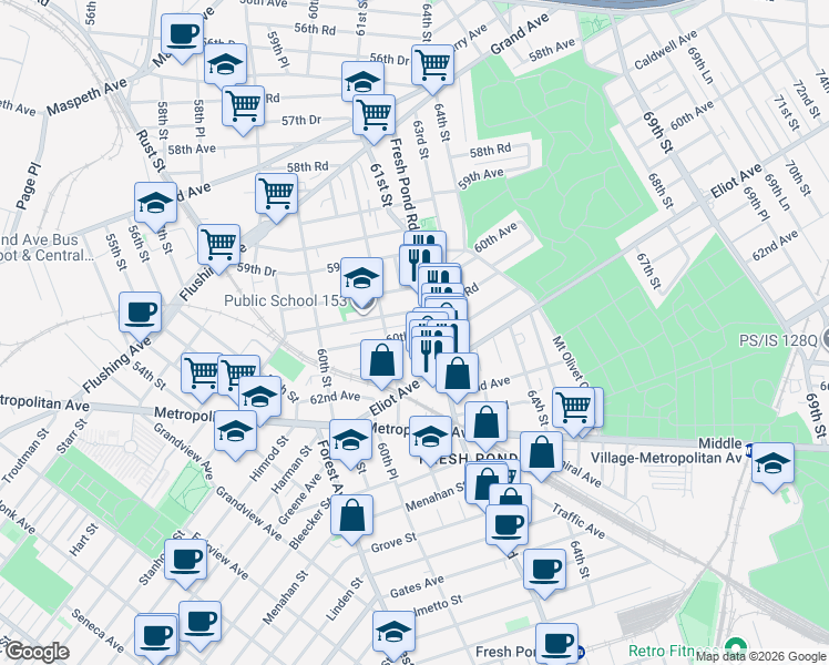 map of restaurants, bars, coffee shops, grocery stores, and more near in Queens