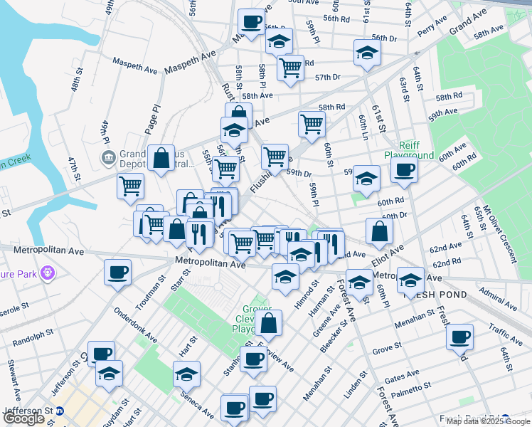 map of restaurants, bars, coffee shops, grocery stores, and more near 60-24 56th Street in Queens
