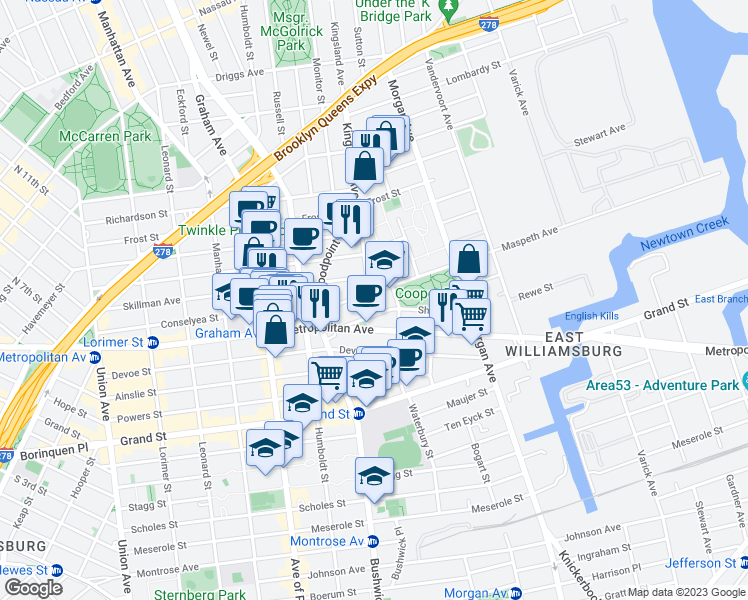 map of restaurants, bars, coffee shops, grocery stores, and more near 100 Maspeth Avenue in Brooklyn