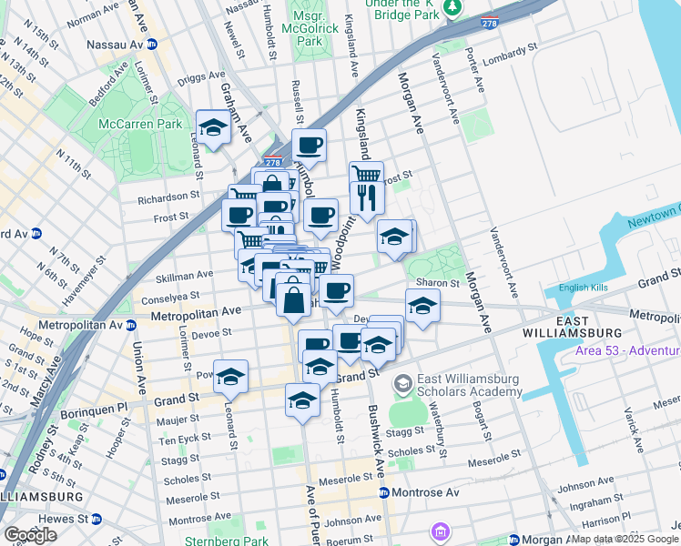 map of restaurants, bars, coffee shops, grocery stores, and more near 220 Skillman Avenue in Brooklyn