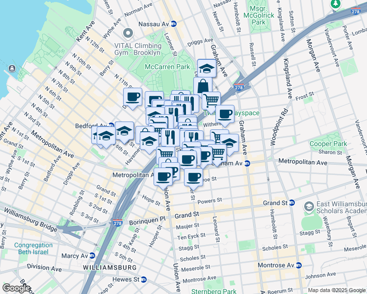 map of restaurants, bars, coffee shops, grocery stores, and more near in Brooklyn