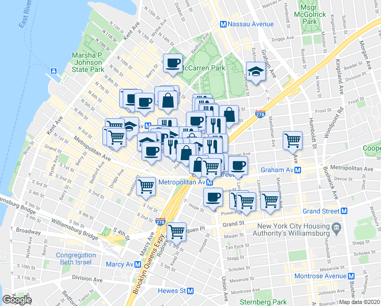 map of restaurants, bars, coffee shops, grocery stores, and more near 21-1 Havemeyer Street in Brooklyn
