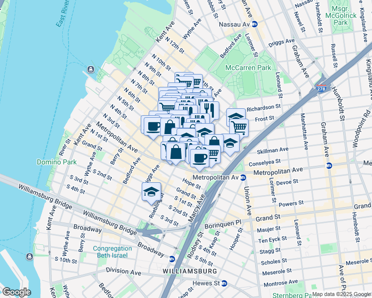 map of restaurants, bars, coffee shops, grocery stores, and more near 88 Roebling Street in Brooklyn