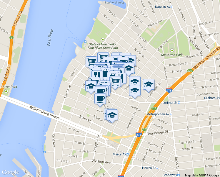 map of restaurants, bars, coffee shops, grocery stores, and more near 256 Bedford Avenue in Brooklyn