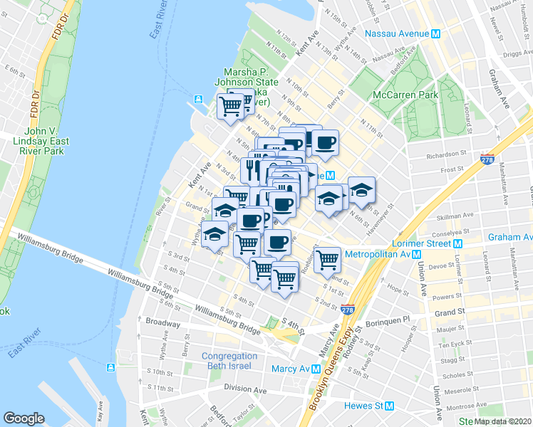 map of restaurants, bars, coffee shops, grocery stores, and more near 256 Bedford Avenue in Brooklyn