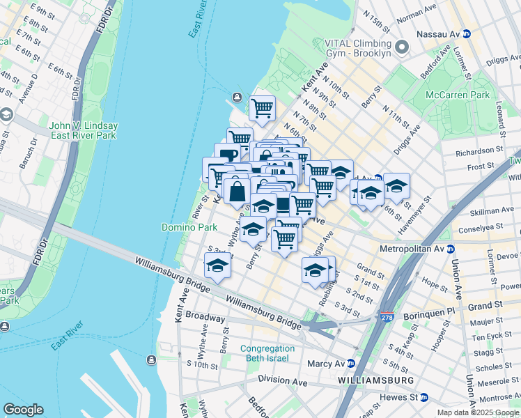 map of restaurants, bars, coffee shops, grocery stores, and more near 88 North 1st Street in Brooklyn