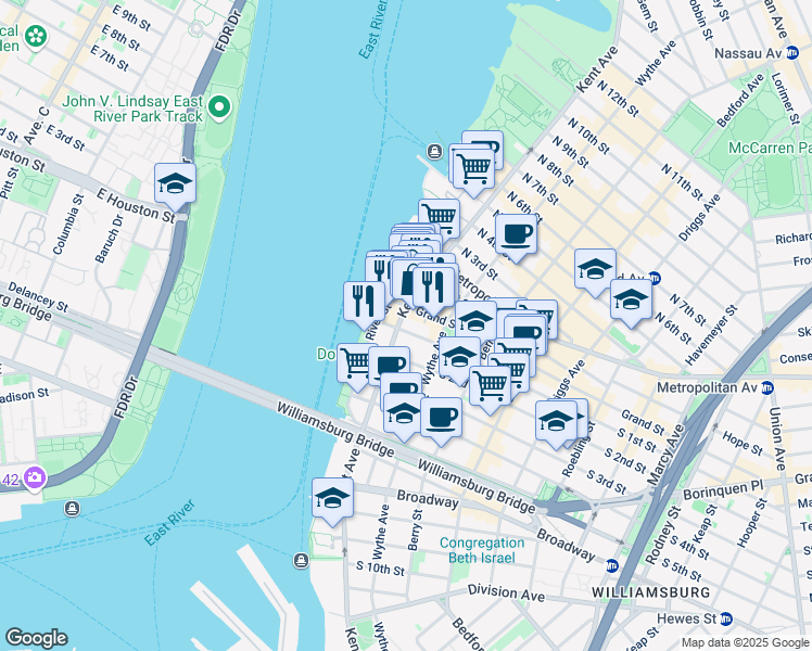 map of restaurants, bars, coffee shops, grocery stores, and more near 6 Grand Street in Brooklyn