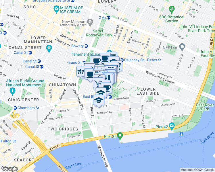 map of restaurants, bars, coffee shops, grocery stores, and more near 25 Essex Street in New York