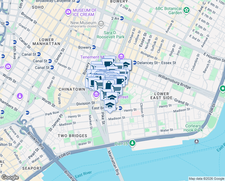map of restaurants, bars, coffee shops, grocery stores, and more near 50-52 Eldridge Street in New York