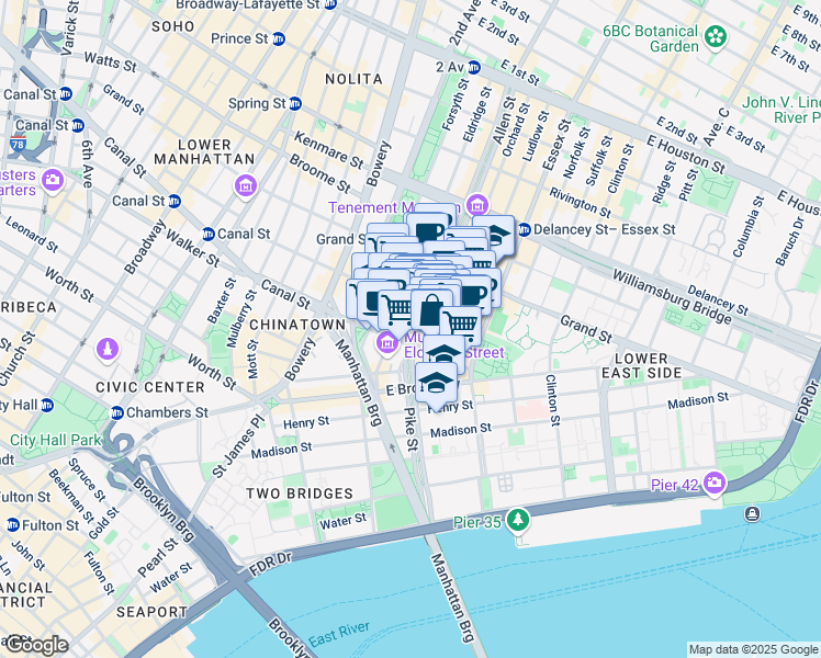 map of restaurants, bars, coffee shops, grocery stores, and more near 122 Hester Street in New York