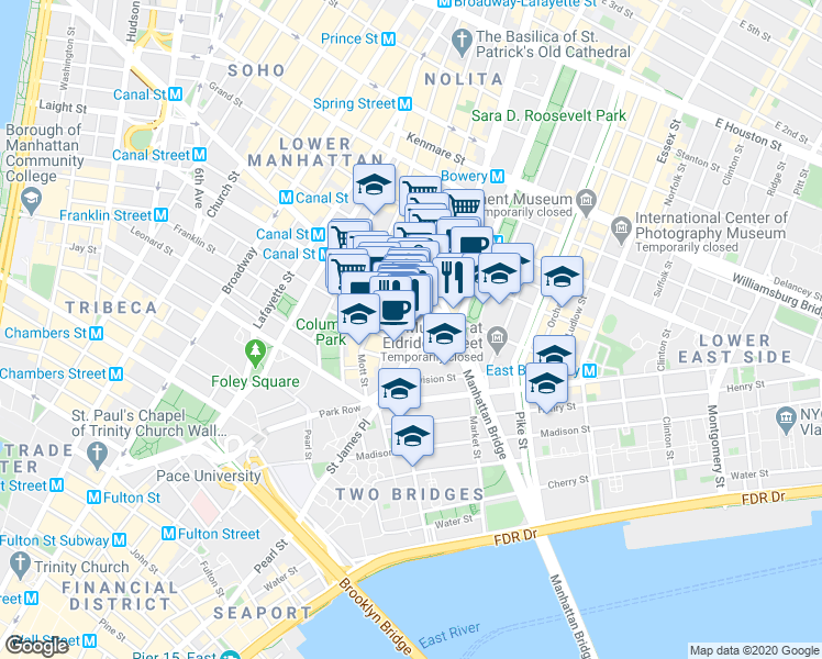 map of restaurants, bars, coffee shops, grocery stores, and more near in New York
