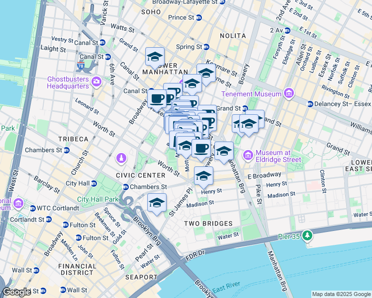 map of restaurants, bars, coffee shops, grocery stores, and more near 87 Mulberry Street in New York