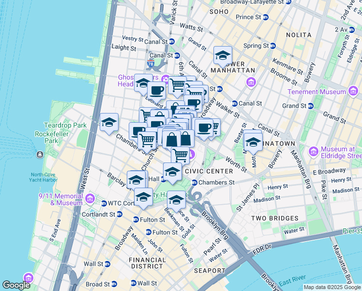 map of restaurants, bars, coffee shops, grocery stores, and more near 12 Thomas Street in New York
